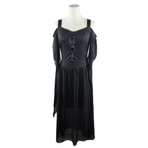 Women Maxi Dress Black Dark Fairy Grunge Lace-Up Goth Witchy Cottagecore | Small